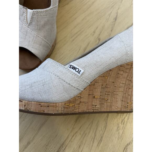 TOMS Classic Espadrille Wedge 7.5 Cork Platform Open Toe Crosshatch Jacquard - Picture 3 of 14